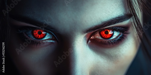 Close up of a female vampire with striking red eyes, showcasing the captivating and eerie allure of her red eye characteristics in this intense portrait. Perfect for themes of the supernatural. photo