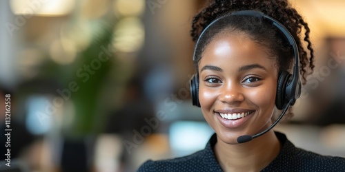 Close up portrait of a cheerful customer service executive engaged in conversation on a headset, showcasing her dedication in a modern office environment while radiating professionalism. photo