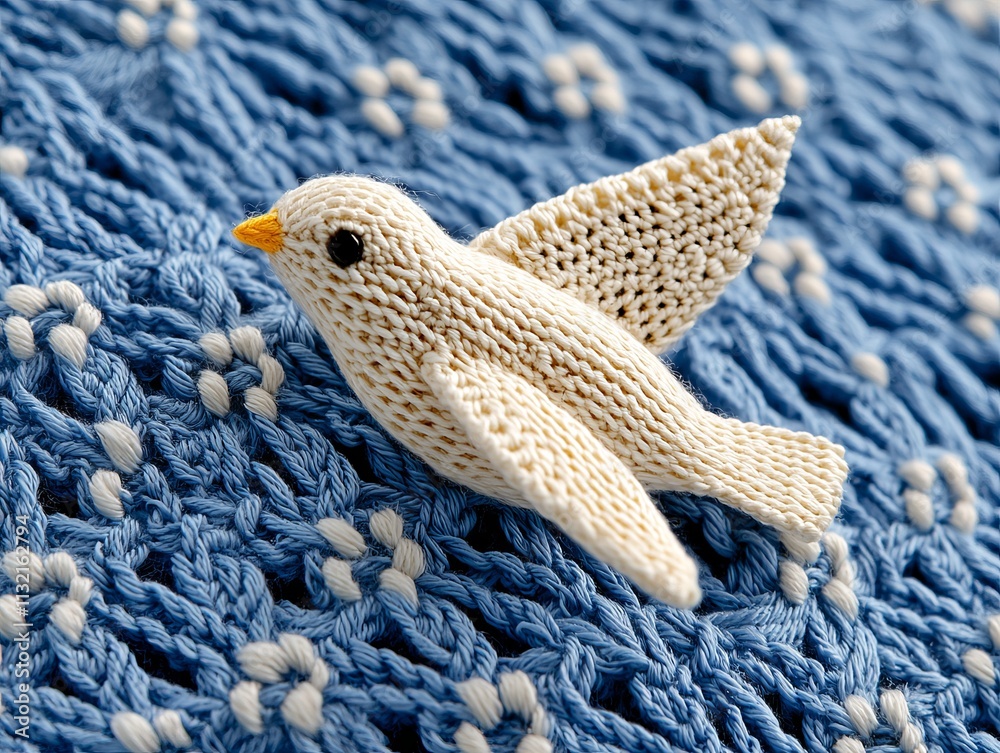 Obraz premium Knitted Bird on Blue Textured Fabric Handmade Crafts Cozy
