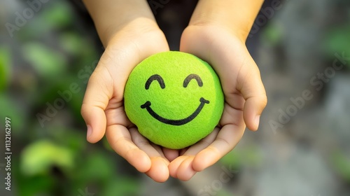 Hands holding green happy smile face good feedback rating and positive customer reviewexperience satisfaction surveymental health assessmentchild feeling goodworld mental health day Compliment photo