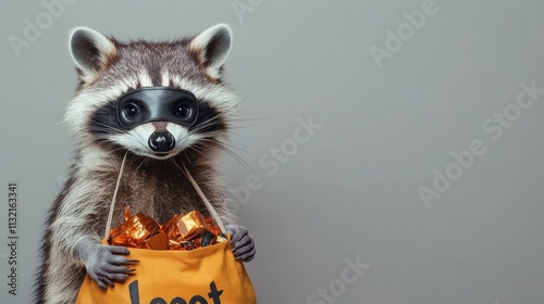 A cute raccoon holds a bag labeled 