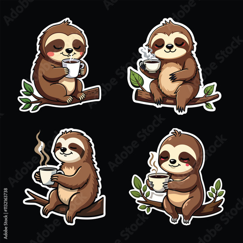 Cute sloth illustrations enjoying coffee on branches. Perfect for a cozy vibe, nature themes, and animal lovers. Great for stickers, greeting cards, and merchandise photo