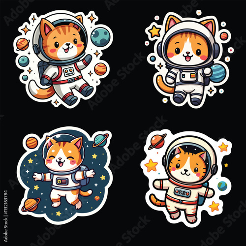 Cute illustrated cats in astronaut suits explore the cosmos, surrounded by stars and planets. Perfect for playful and whimsical themes highlighting space exploration and imagination.