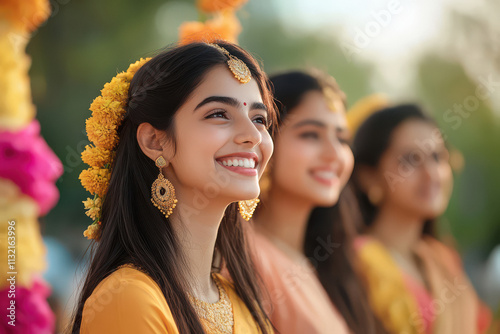 three woman wearing solid pastel kurtas, happy at wedding ceremony photo