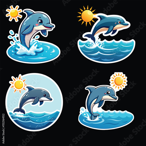 Illustrated dolphins depicted joyfully leaping through vibrant ocean waves under sunny skies.