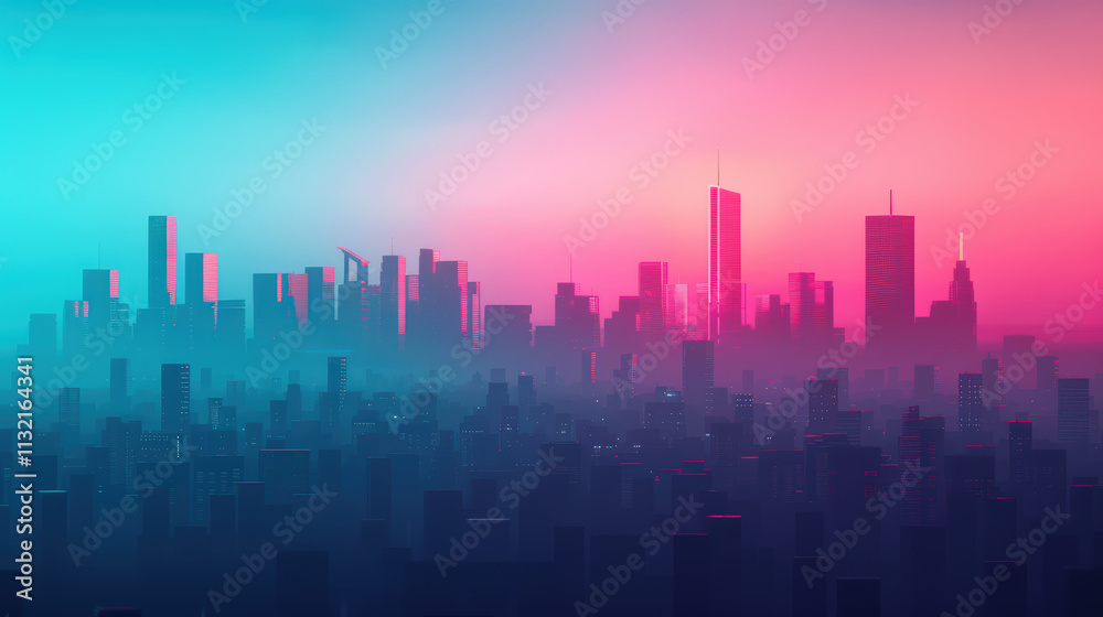 Fototapeta premium Futuristic City Skyline at Dusk with Vibrant Colors and Silhouettes Against a Gradient Sky