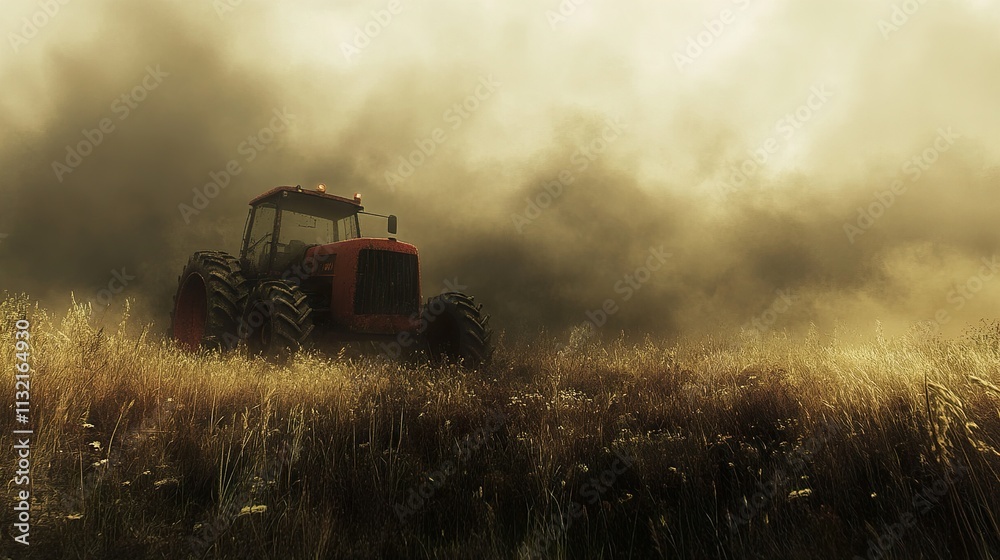 Fototapeta premium Tractor in a Misty Field: A Serene Countryside Landscape