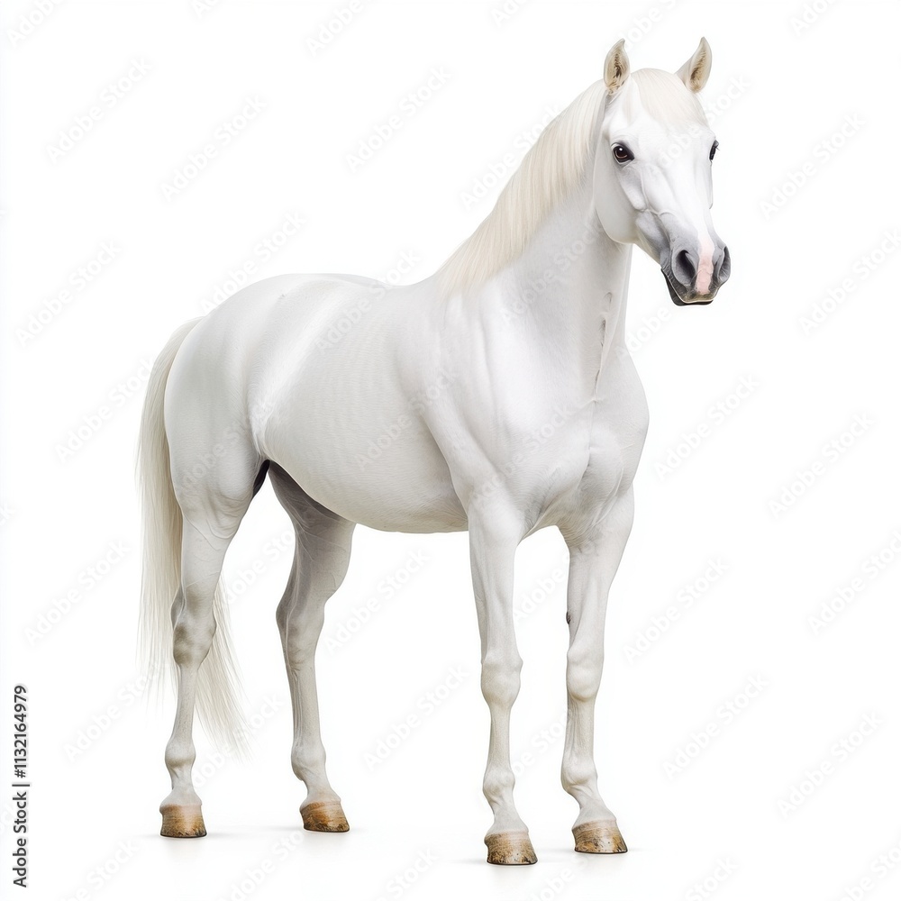 Obraz premium Majestic White Horse Standing Proudly Against a White Background, Showcasing Graceful Form and Shiny Coat, Perfect for Equestrian Themes and Animal Sports