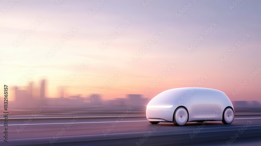 Fototapeta premium Futuristic Self Driving Car on Highway at Sunset Cityscape Background