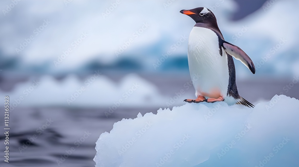 Fototapeta premium Penguin Standing on Icy Shore with Snowy Landscape and Ocean Waves