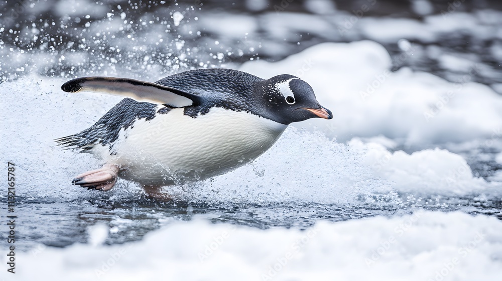 Fototapeta premium Penguin Swimming Through Icy Winter Waters with Snowy Surroundings