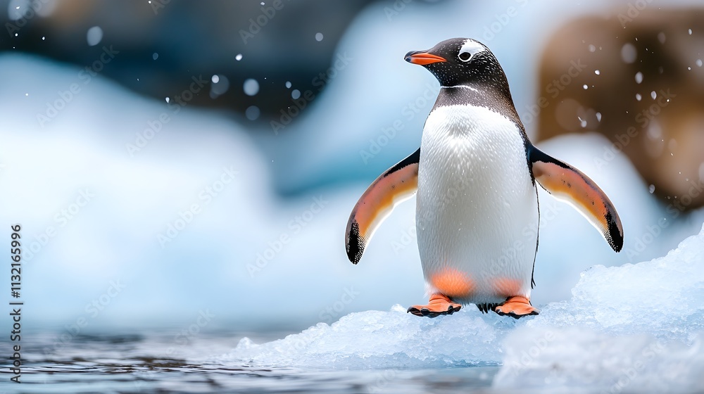Fototapeta premium Adorable Penguin Exploring Snowy Antarctic Landscape in Winter