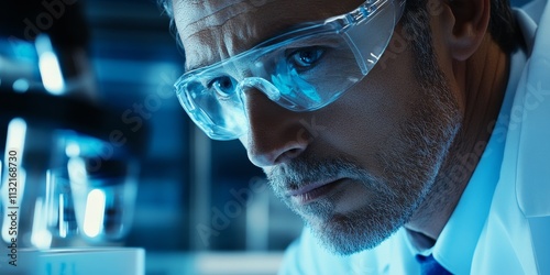 Professional scientist examining a sample in a pharmaceutical environment, showcasing intricate medical details. This close up highlights the critical role of the scientist in pharmaceutical research. photo