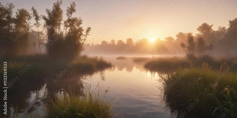 Obraz premium Misty riverbank during sunrise with fog enveloping reeds and soft light creating a serene atmosphere, tranquil, river
