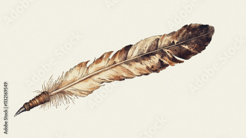 An original illustration of a feather quill pen in a vintage woodblock style photo