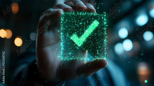 Businessman Showcasing Digital Hologram of Green Check Mark for Compliance and Certification Concepts Generative AI photo