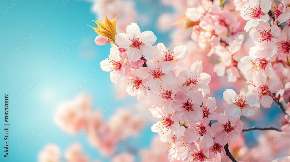 Fototapeta premium Cherry Blossom Branches Against Blue Sky, Ideal for Spring Theme Generative AI