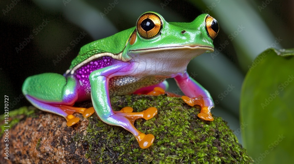 Fototapeta premium Vibrant Green Frog on Moss Tropical Rainforest Wildlife Photography