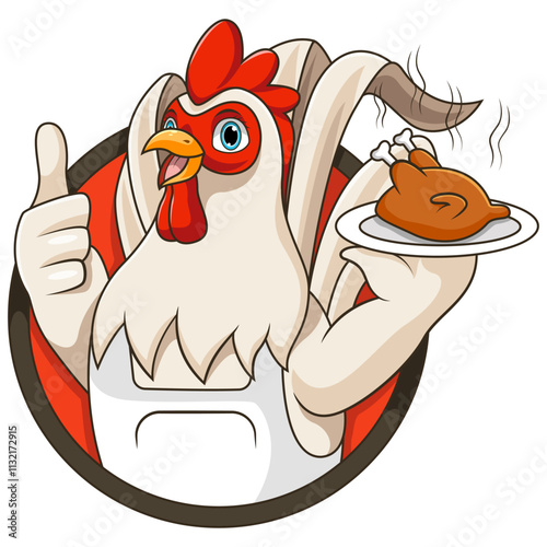 Cartoon chicken chef carrying grilled chicken