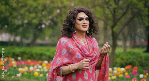 Vibrant traditional dress portrait of lgbtq asian adult in colorful garden setting