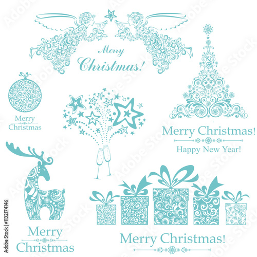 Christmas decoration set - lots of calligraphic elements, bits and pieces to embellish your holiday layouts. Collection of Christmas design elements isolated on White background. Vector illustration