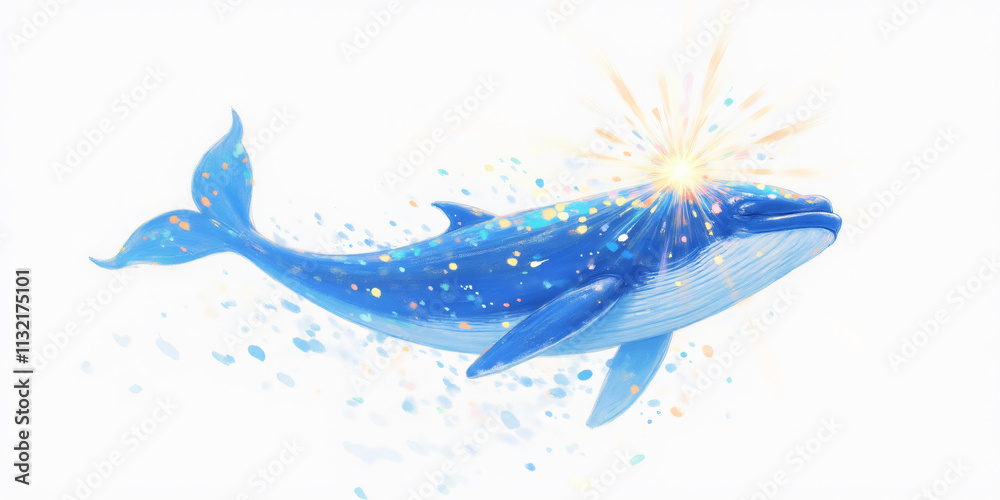 Obraz premium An illustration of a majestic blue whale gliding through the water, illuminated by sparkles and light, creates a serene and magical underwater scene for art.