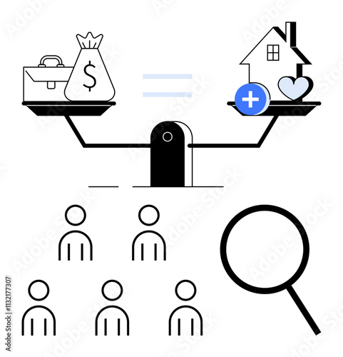 Scales with money bag briefcase vs. house family medical care. Magnifying glass over people. Ideal for work-life balance career, family, health, equality, team dynamics, human resources. Line