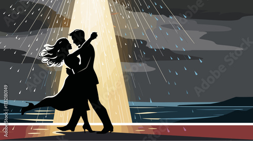 Romantic Silhouette of a Couple Dancing in the Rain Under a Spotlight