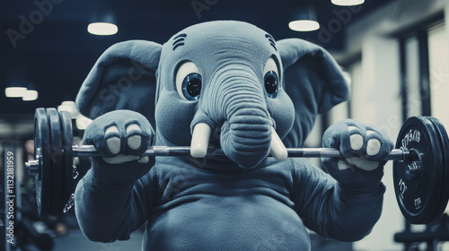 An elephant weight lifting gym animal sports mascot holding a dumbbell in its claw photo