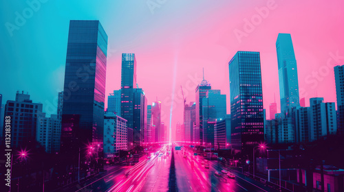 Wallpaper Mural Vibrant Neon Cityscape with Futuristic Buildings and Motion Trails at Dusk in Pink and Blue Hues Torontodigital.ca