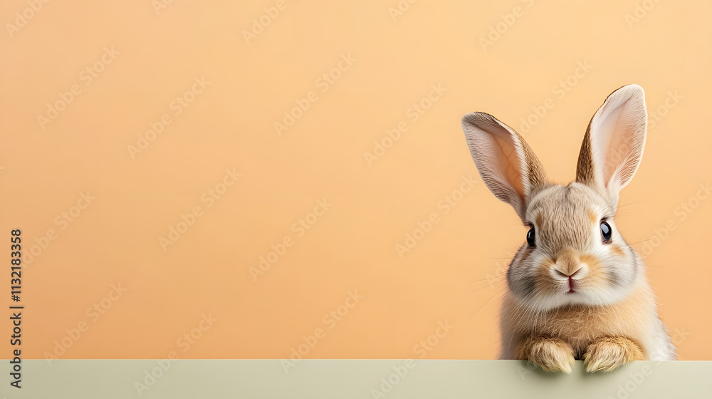 Obraz premium cute Netherland Dwarf rabbit peeking over green surface against warm orange background, exuding curiosity and charm