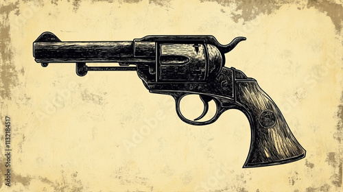 Gun revolver handgun six shooter pistol drawing in a vintage retro woodcut etched or engraved style