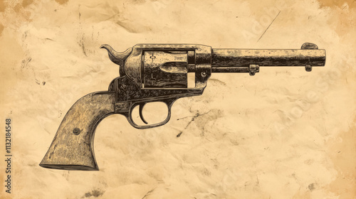 Gun revolver handgun six shooter pistol drawing in a vintage retro woodcut etched or engraved style