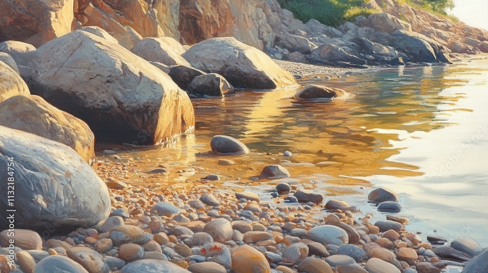 A rocky beach scene with large stones and boulders lining the shore, as the evening sun reflects off the smooth surfaces of the rocks A rocky beach scene with large stones and boulders lining the shore, as the evening sun reflects off the smooth surfaces of the rocks