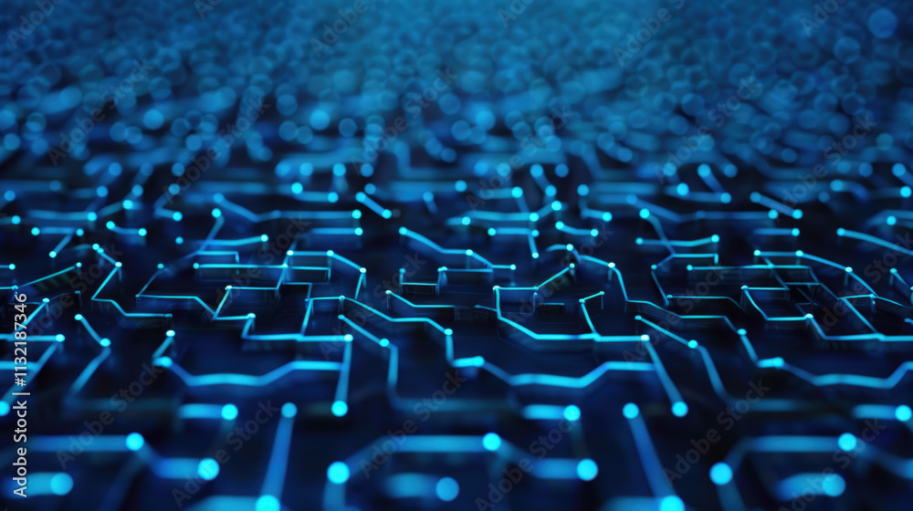 Obraz premium Abstract Digital Circuit Background with Glowing Blue Lines and Nodes on Dark Surface for Technology and Innovation Themes