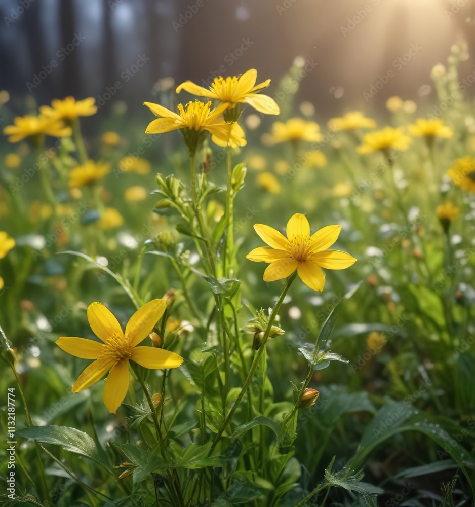Obraz premium Soft petals of yellow wildflowers gently unfolding in the morning dew, peaceful, flowers