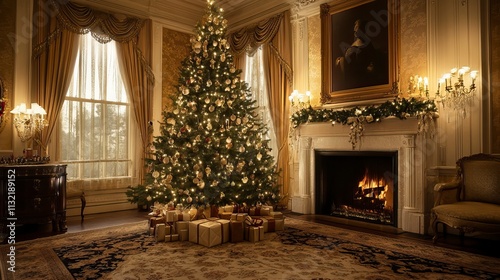 Silhouette of Christmas Tree and Fireplace in Elegant Living Room, Elegant Christmas Living RoomChristmas day, New Year's Eve, Happy New Year  photo