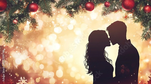 Silhouette of Couple Sharing a Kiss Under Christmas Mistletoe, Mistletoe MomentChristmas day, New Year's Eve, Happy New Year 