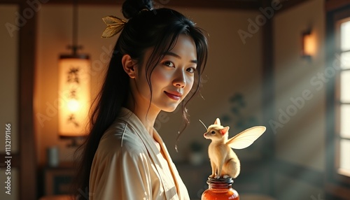 A dark-haired, East Asian woman with golden iridescent accents in her black hair, stands in a blurred, arts-and-crafts-inspired indoor setting with wooden structures