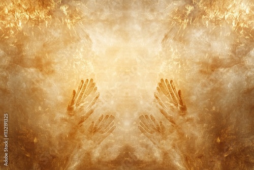 Abstract depiction of hands reaching upward through ethereal golden light, symbolizing spirituality, hope, and connection with the divine photo