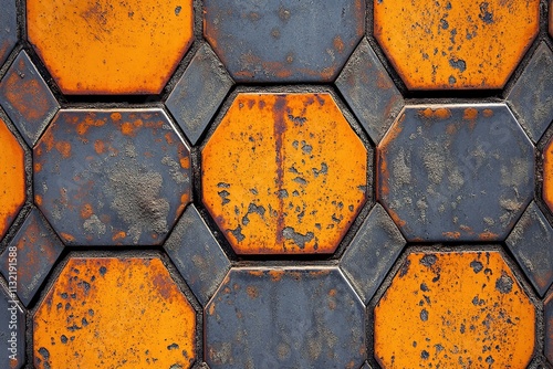 Industrial abstract pattern with orange and gray octagonal shapes creating a geometric, textured composition on a metallic surface photo