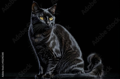 A black cat with yellow eyes is sitting on a black surface