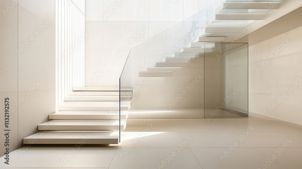 Fototapeta premium A set of stairs in a minimalist home, featuring floating steps and glass railings. The design emphasizes simplicity and space