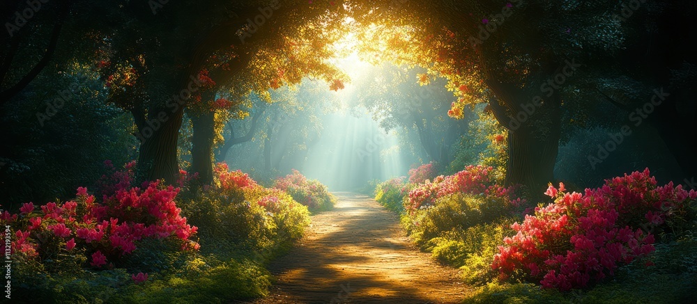Obraz premium Sunlit path through a magical forest with blooming flowers.
