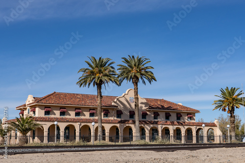 Phoenix dactylifera, date palm. The Kelso Depot, Restaurant and Employees Hotel or Kelso Depot, now also the Mojave National Preserve Visitors Center,  , San Bernardino County, California.  