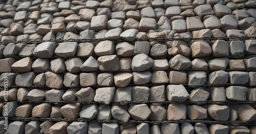 Weathered stone accumulation under metal mesh, texture, soil