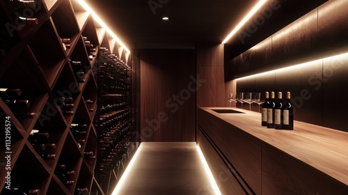 Modern Wine Cellar With Wooden Racks And Lighting photo