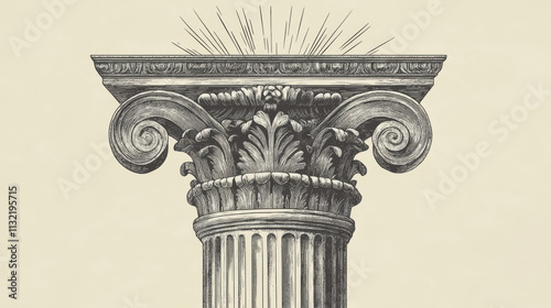 A column or pillar from a Roman or Greek ionic temple in a retro vintage woodcut