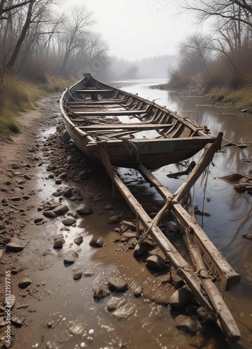 Abandoned boat rack with river debris on muddy bank Lanester, Brittany, water lilies, abandoned boats photo