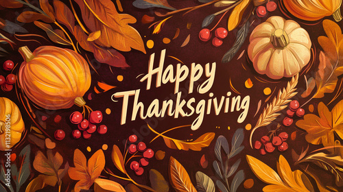 Autumn background with vibrant flowers on the sides, a textured grunge center with text happy thanksgivin photo